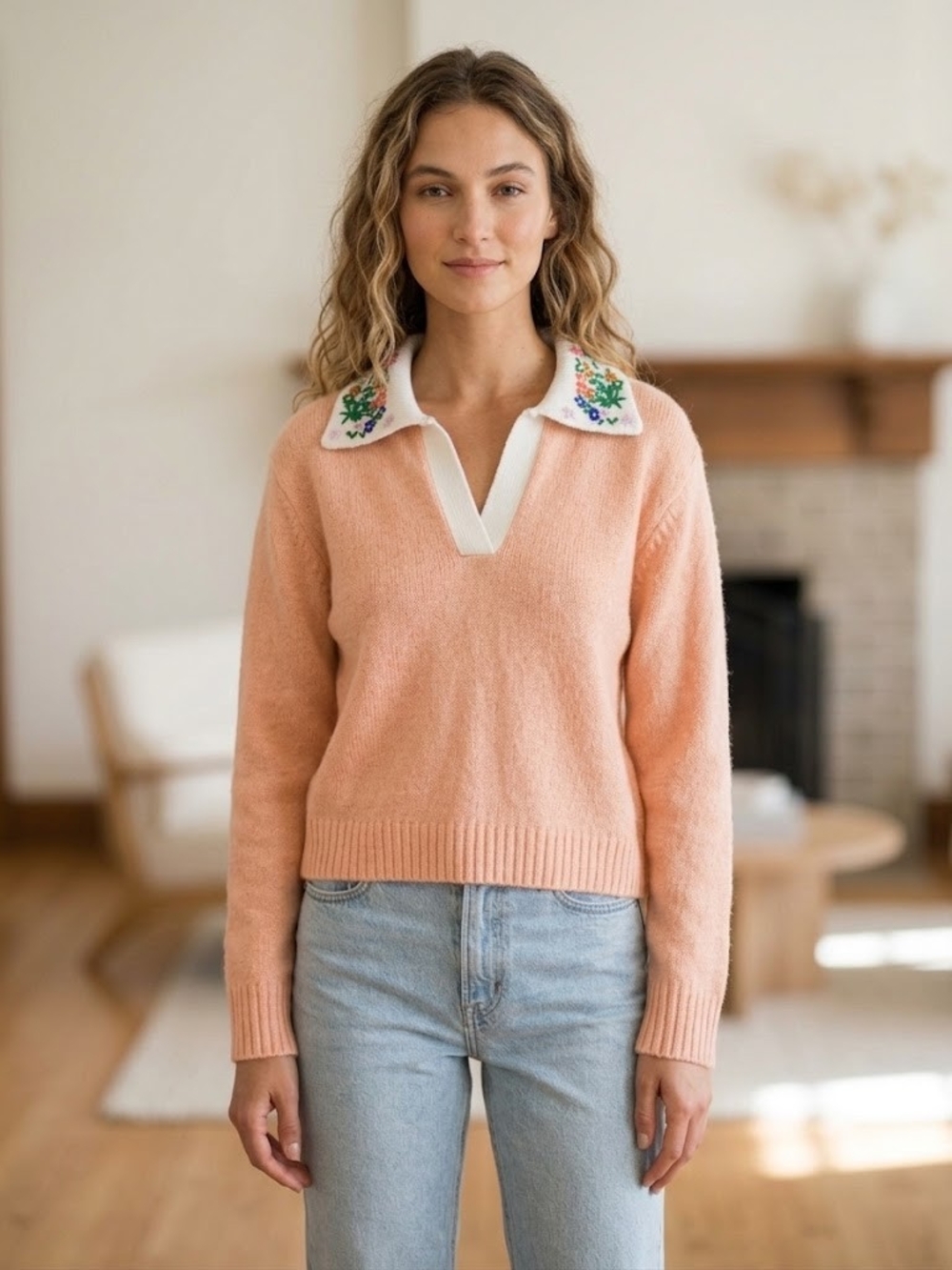 English Factory Peach V-Neck Sweater with Embroidered White Collar